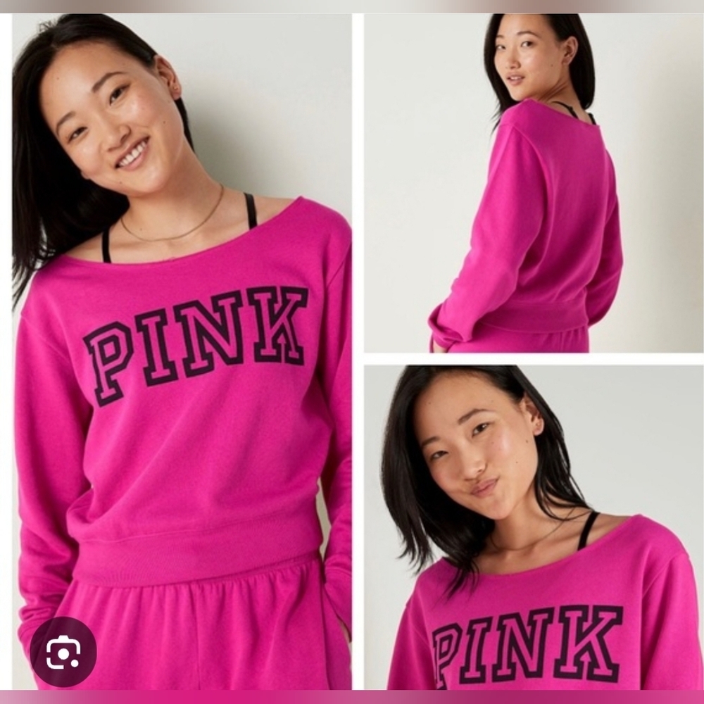 NWT Victoria Secret Pink Everyday Lounge Crop Crew Sweater Jacket Top Fuchsia L